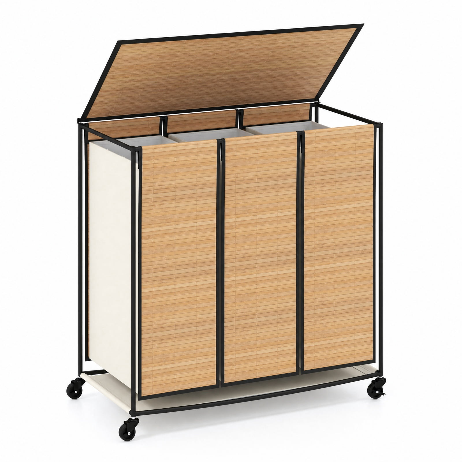 Vebreda Laundry Hamper with Lid, 21.4-Gallon 3-Section Laundry Sorter with 3 Removable Bags and 4 Wheels, Rolling Clothes Hamper, Natural