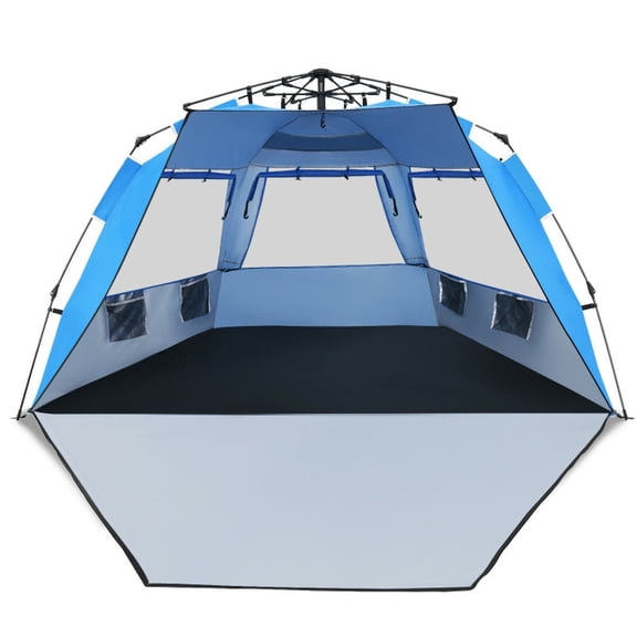 Vebreda 3-4 Person Easy Pop Up Beach Tent with UPF 50 Plus Sun Shelter Mesh Windows and Front Porch for Family Camping, Blue
