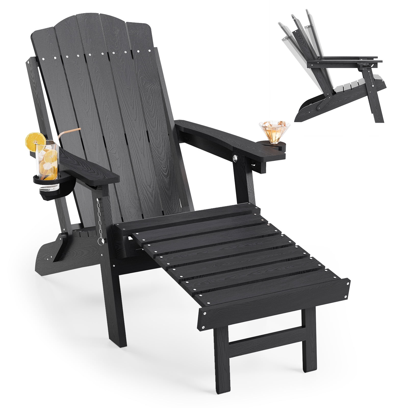 Vebreda Folding Adjustable Adirondack Chair with Retractable Footrest, 3-Position Backrest, Cup Holders, Black