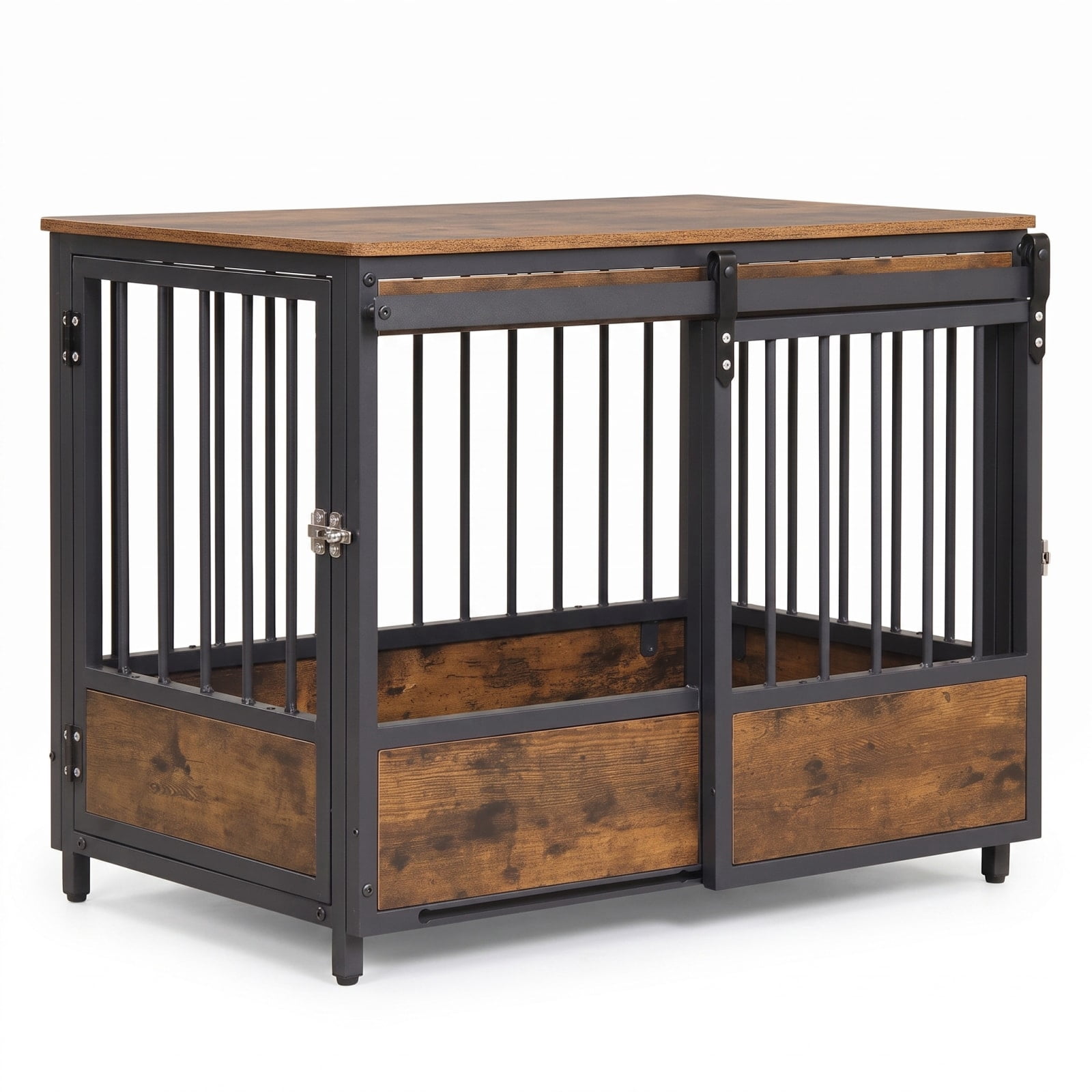 Vebreda 32.5-inch Furniture Style Dog Crate with 2 Doors, Sliding Barn Door and Oxford Mat, Rustic Brown