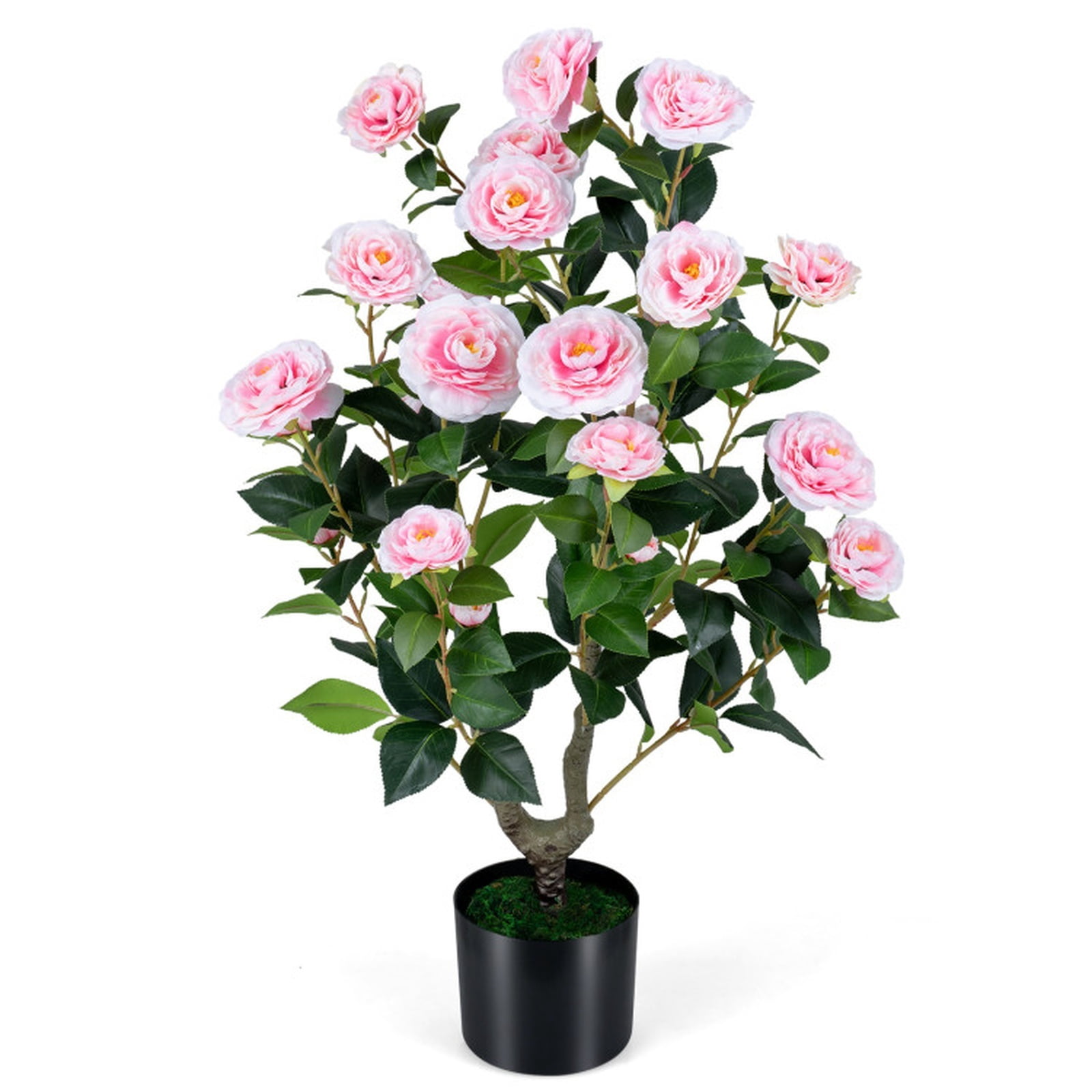 Vebreda 35.5 Inch Artificial Camellia Tree, Pink Faux Flower Plant in Cement-Filled Pot, Lifelike Fake Tree for Indoor Outdoor Home Office Decor