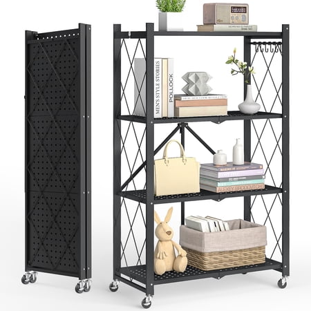 Vebreda 4-Tier Foldable Metal Storage Shelf with Wheels, No-Assembly Collapsible Shelving Unit, Heavy-Duty Rolling Organizer Rack