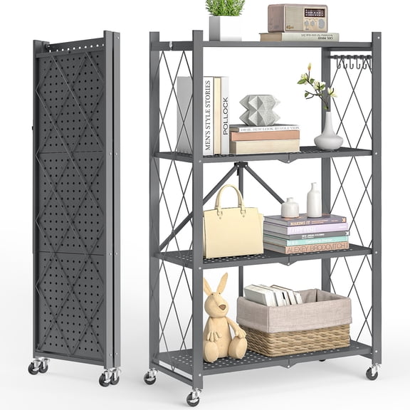 Vebreda 4-Tier Foldable Metal Storage Shelf with Wheels, No-Assembly Collapsible Shelving Unit, Heavy-Duty Rolling Organizer Rack for Kitchen, Garage, Pantry, and Office