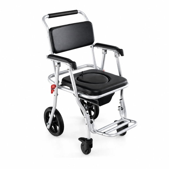 Vebreda 4 in 1 Foldable Bedside Commode Chair with Locking Brakes and Footrest and Bucket for Elderly Shower and Toilet Use, Black