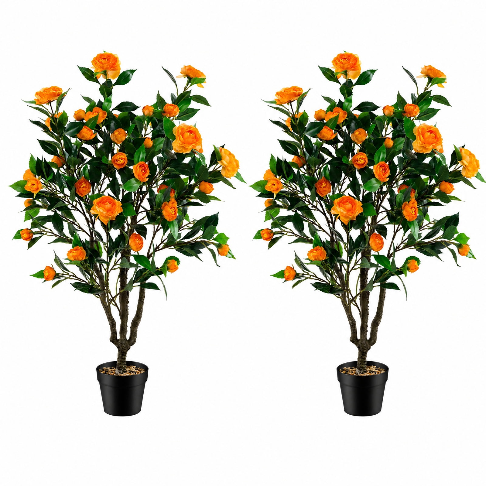 Vebreda 40 in Artificial Camellia Tree 2-Pack, Faux Potted Flowering Plant with 37 Silk Camellias, River Stones, and Cement-Filled Pot, Indoor Home Office Decor, Green