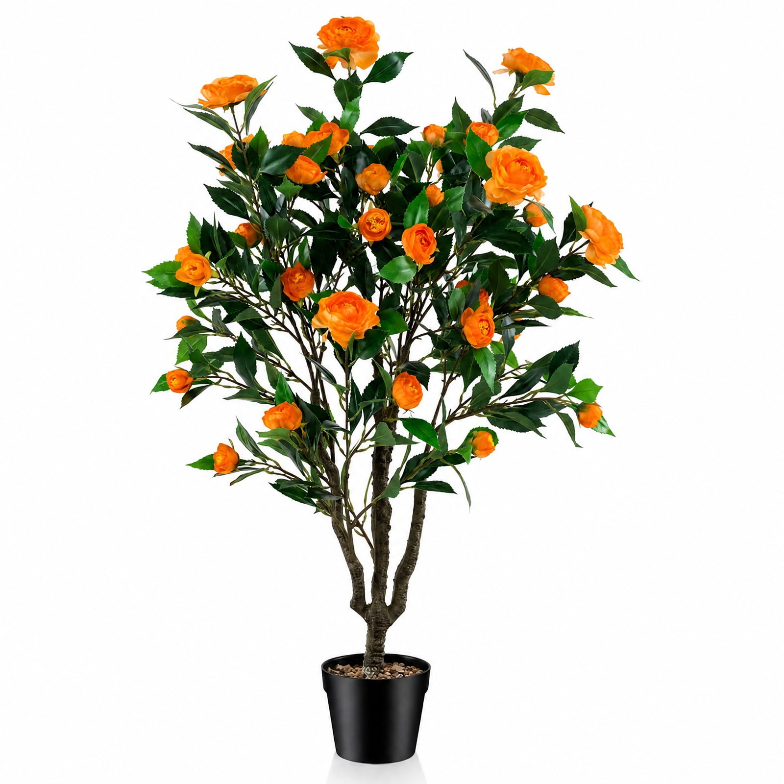 Vebreda 40 in Artificial Camellia Tree, Faux Potted Flowering Plant with 37 Silk Camellias, River Stones, and Cement-Filled Pot, Indoor Home Office Decor, Green