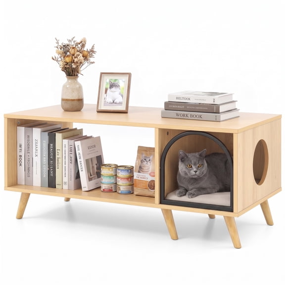 Vebreda 40 Inch Coffee Table Cat House 2-in-1 Wooden Kitten Furniture with Open Storage Shelf, 2-in-1 Versatile Furniture, Ultimate Cat Comfort