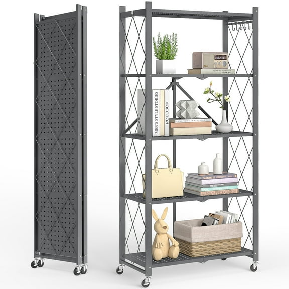 Vebreda 5-Tier Foldable Metal Storage Shelf with Wheels, No-Assembly Collapsible Shelving Unit, Heavy-Duty Rolling Organizer Rack for Kitchen, Garage, Pantry, and Office