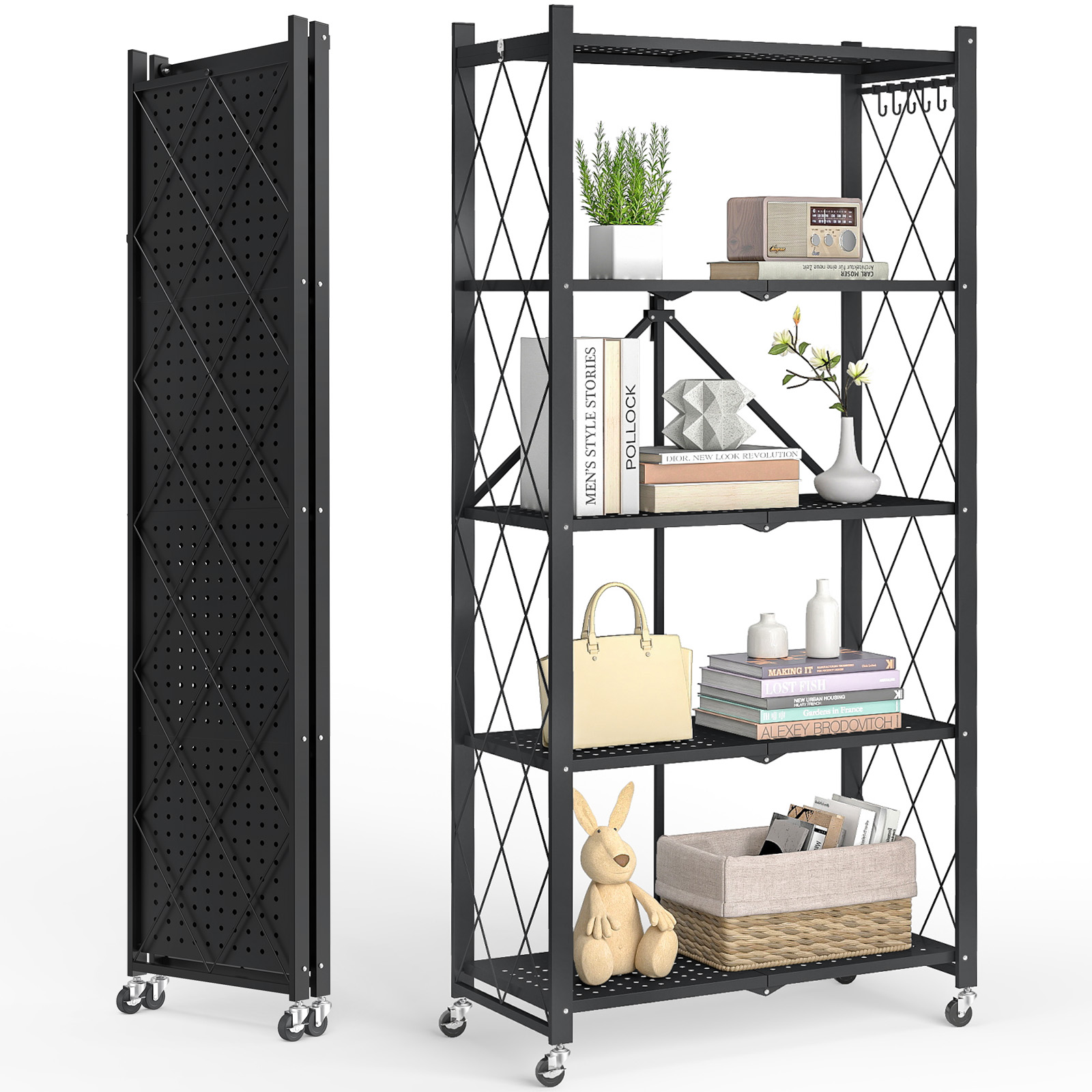 Vebreda 5-Tier Foldable Metal Storage Shelf with Wheels, No-Assembly Collapsible Shelving Unit, Heavy-Duty Rolling Organizer Rack