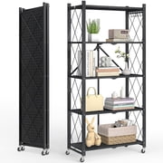 Vebreda 5-Tier Foldable Metal Storage Shelf with Wheels, No-Assembly Collapsible Shelving Unit, Heavy-Duty Rolling Organizer Rack