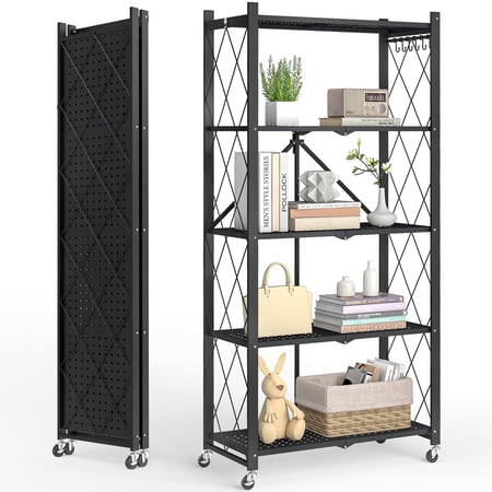 Vebreda 5-Tier Foldable Metal Storage Shelf with Wheels, No-Assembly Collapsible Shelving Unit, Heavy-Duty Rolling Organizer Rack