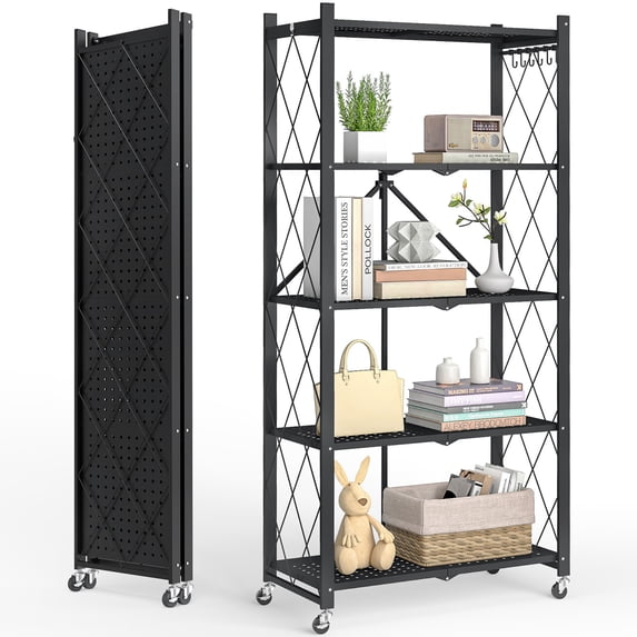 Vebreda 5-Tier Foldable Metal Storage Shelf with Wheels, No-Assembly Collapsible Shelving Unit, Heavy-Duty Rolling Organizer Rack