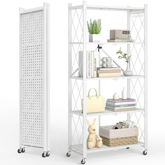 Vebreda 5-Tier Foldable Metal Storage Shelf with Wheels, No-Assembly Collapsible Shelving Unit, Heavy-Duty Rolling Organizer Rack