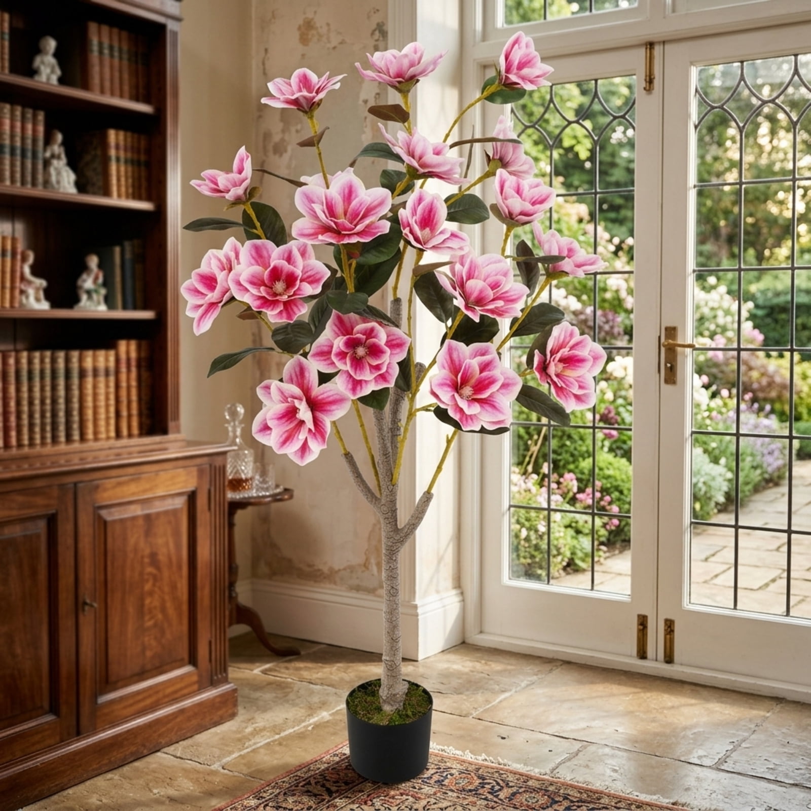 Vebreda 51 in Artificial Magnolia Tree, Faux Potted Flowering Plant with 18 PEVA Magnolia Blooms and Cement-Filled Pot, Indoor Home Office Wedding Decor, Pink