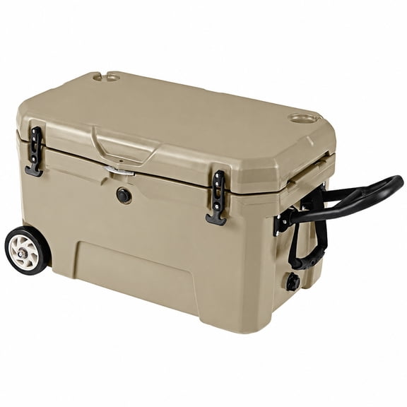 Vebreda 52 Quart Portable Hard Cooler with Wheels Built In Ruler and Bottle Opener for Camping Fishing and Beach Trips, Khaki
