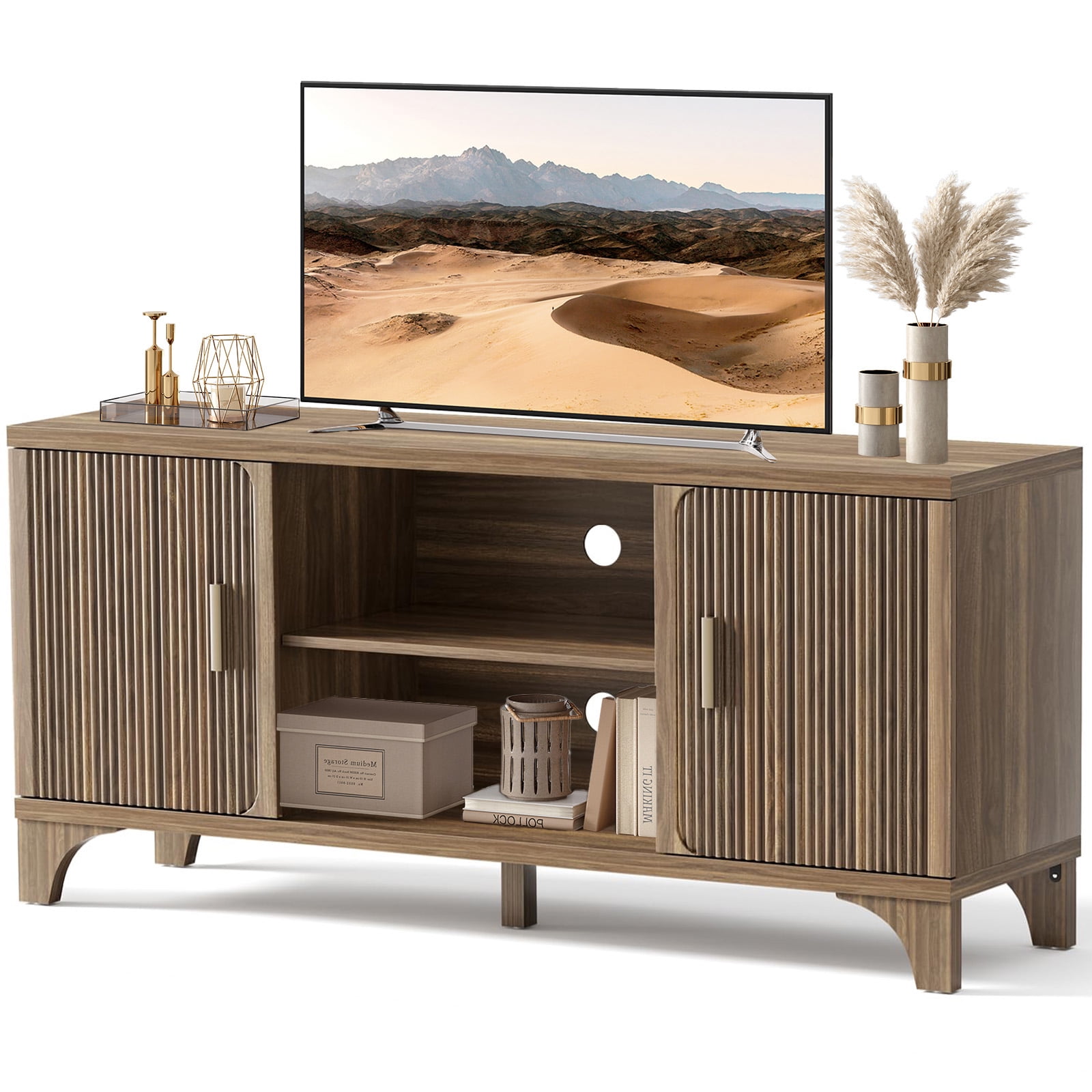 Vebreda 58 Inch Tall Modern TV Stand for 55"/65" TVs, Mid-Century Entertainment Center with Storage, Walnut