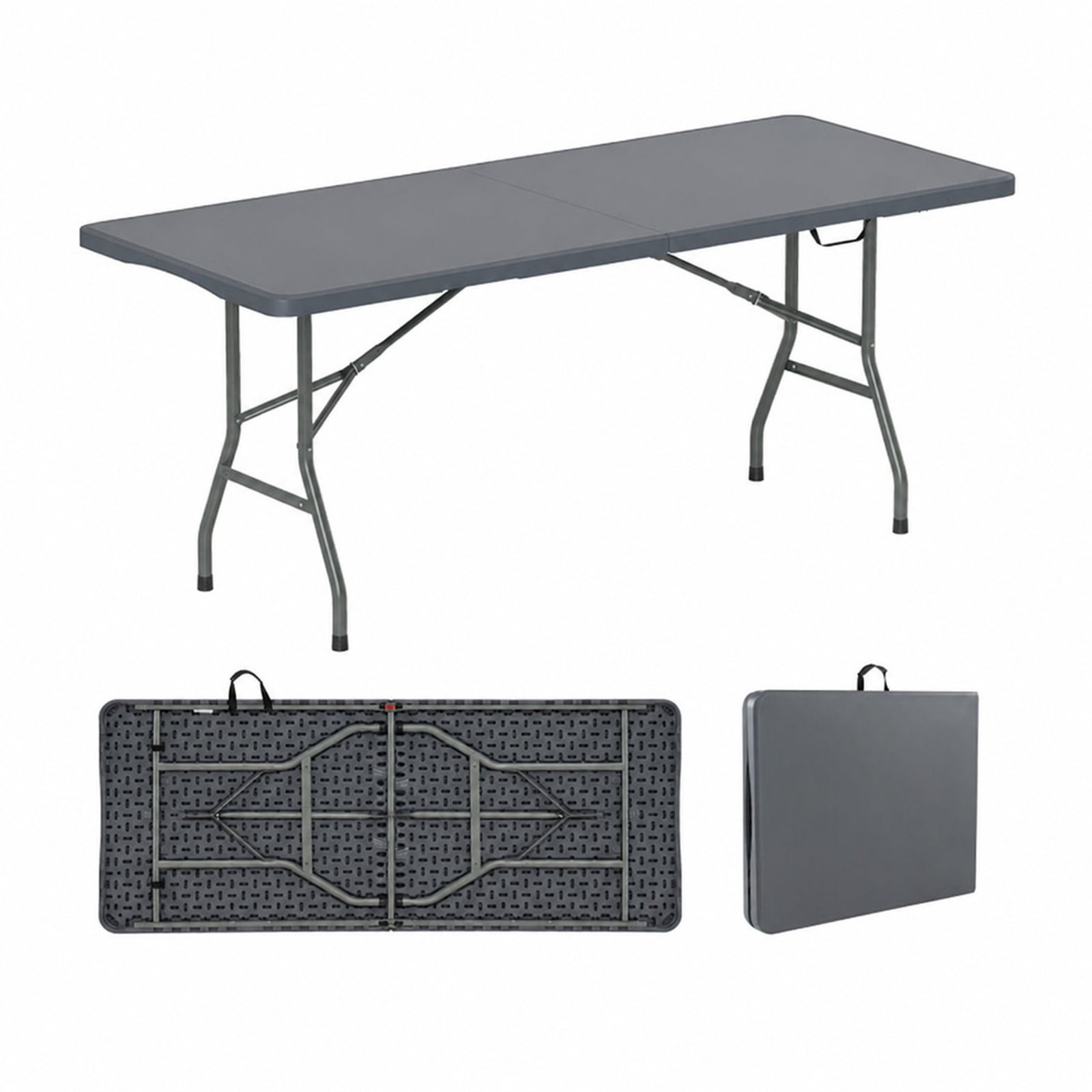 Vebreda 6 Foot Portable Folding Table with HDPE Tabletop and Fold in Half Design and Carry Handle for Picnic Party and Outdoor Events, Gray