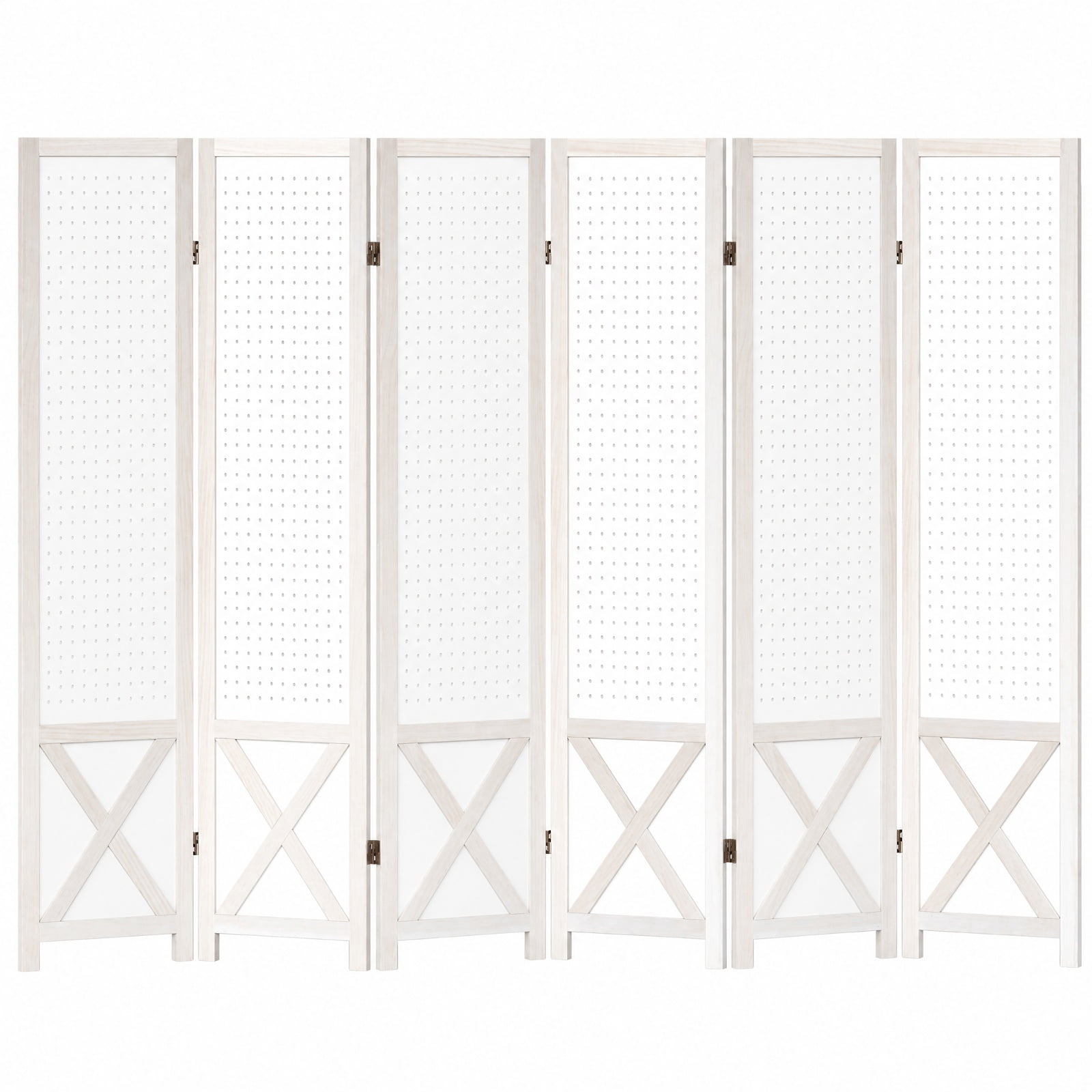 Vebreda 6-Panel Pegboard Room Divider, 67 in Tall Foldable Wood Privacy Screen with Peg Holes for Hanging Storage, Freestanding Partition for Home Office, White