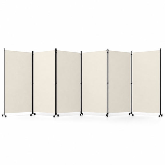 Vebreda 6-Panel Rolling Room Divider Folding Privacy Screen with Lockable Wheels, Freestanding Fabric Partition for Bedroom Office Studio, White