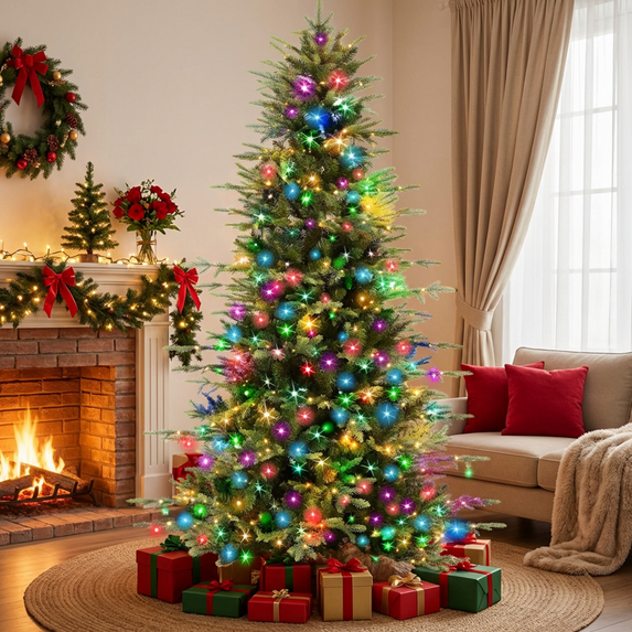 Vebreda 6FT Pre-Lit Christmas Tree with 300 Dual-Color LED Lights, 1350 PE & PVC Branch Tips, Hinged Artificial Xmas Tree with 11 Lighting Modes & Metal Stand for Home Holiday Décor
