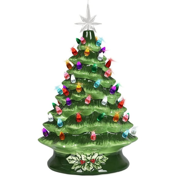 Vebreda 15" Pre-Lit Ceramic Christmas Tree, Hand-Painted Tabletop Holiday Decor with 64 Lights – Green