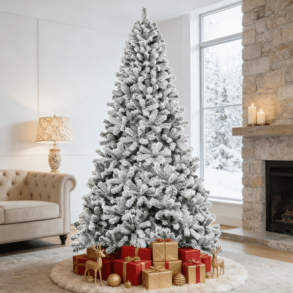 Vebreda 7.5ft Snow Flocked Christmas Tree, Hinged Artificial Tree for Home, Office & Holiday Decoration, Unlit Xmas Tree