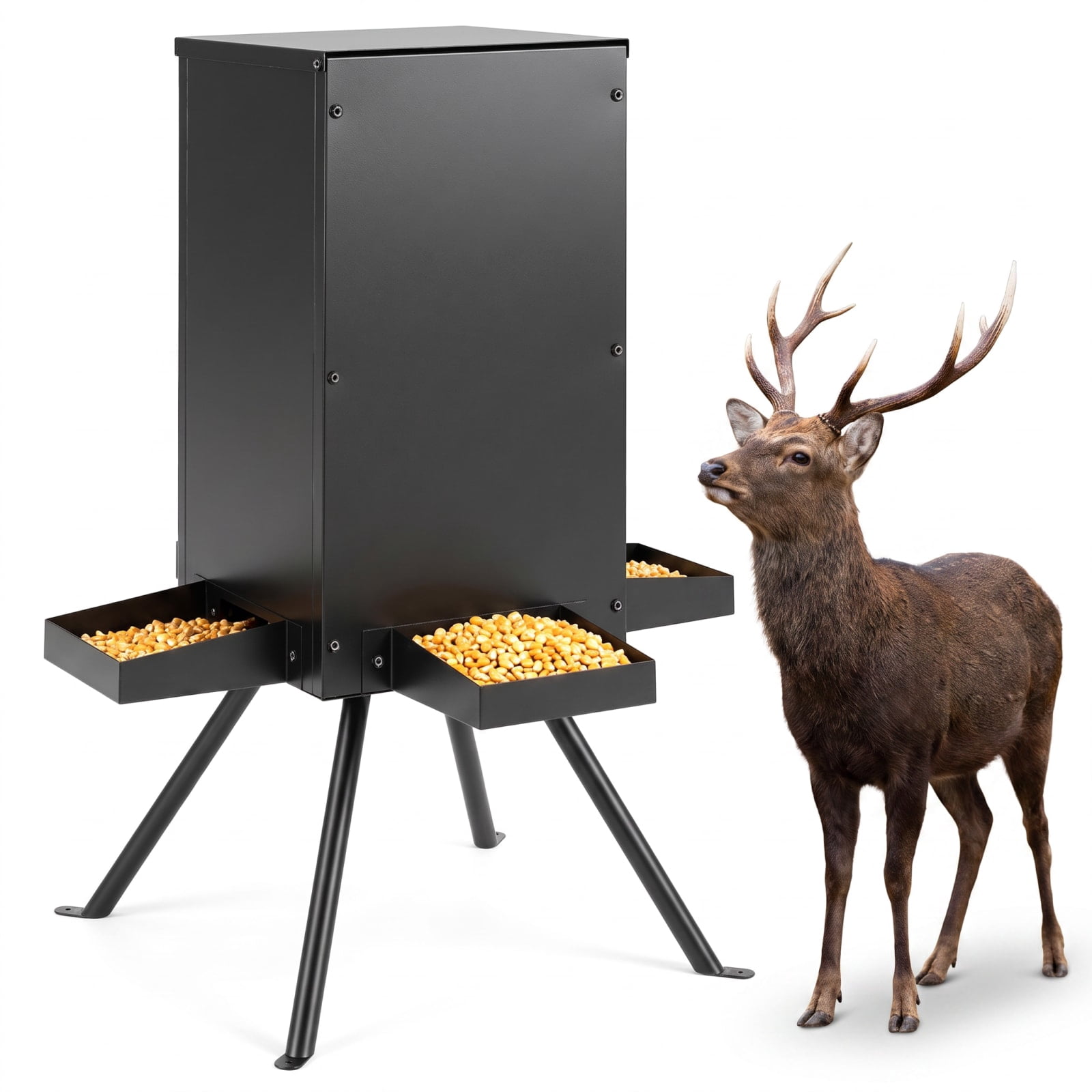 Vebreda 90LB Gravity Deer Feeder with 4 Feeding Trays and 4-Leg Stand, More Feed, Less Refills, Built for Outdoor Seasons, Dry Corn Protection
