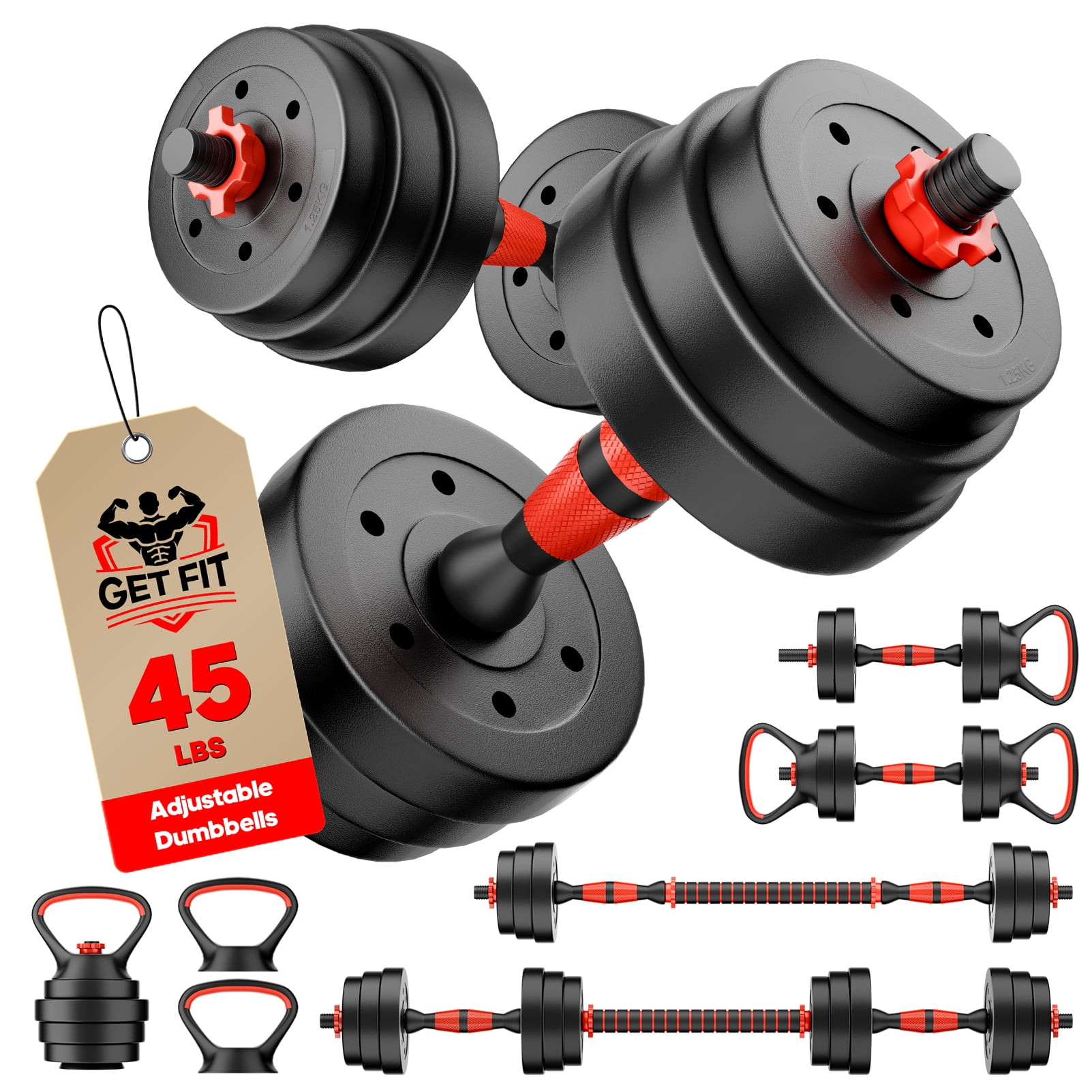Vebreda 45LB Adjustable Dumbbell Set 4-in-1, Converts to Barbell, Kettlebell & Push-Up Stand, Home Gym Fitness Equipment for Full Body Strength Training