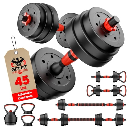 Vebreda 45LB Adjustable Dumbbell Set 4-in-1, Converts to Barbell, Kettlebell & Push-Up Stand, Home Gym Fitness Equipment for Full Body Strength Training