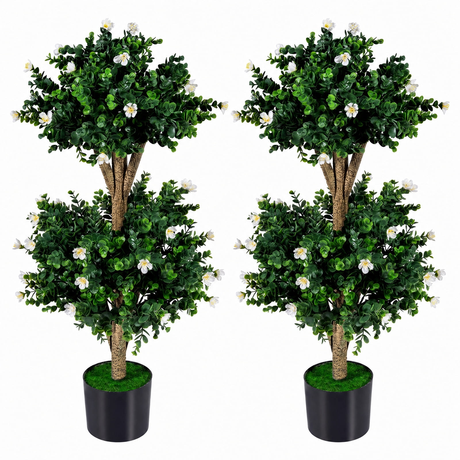 Vebreda Artificial Plant Decor, 2 Pack 36" Artificial Double Ball Boxwood Topiary Tree with 41 Blossoms, Vivid and Lifelike Boxwood Tree
