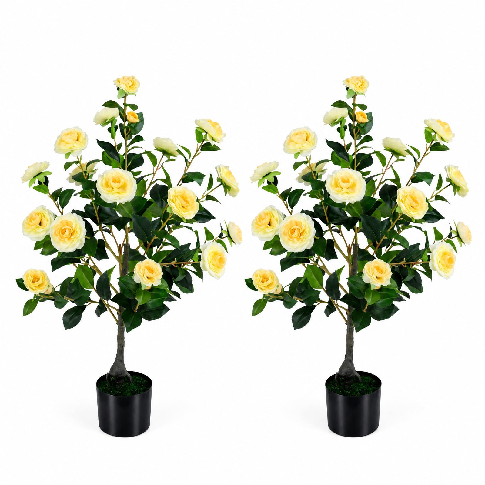 Vebreda Artificial Plant Decor, 2-Pack Artificial Camellia Tree Faux Flower Plant in Cement-Filled Pot, Lifelike & Elegant Design