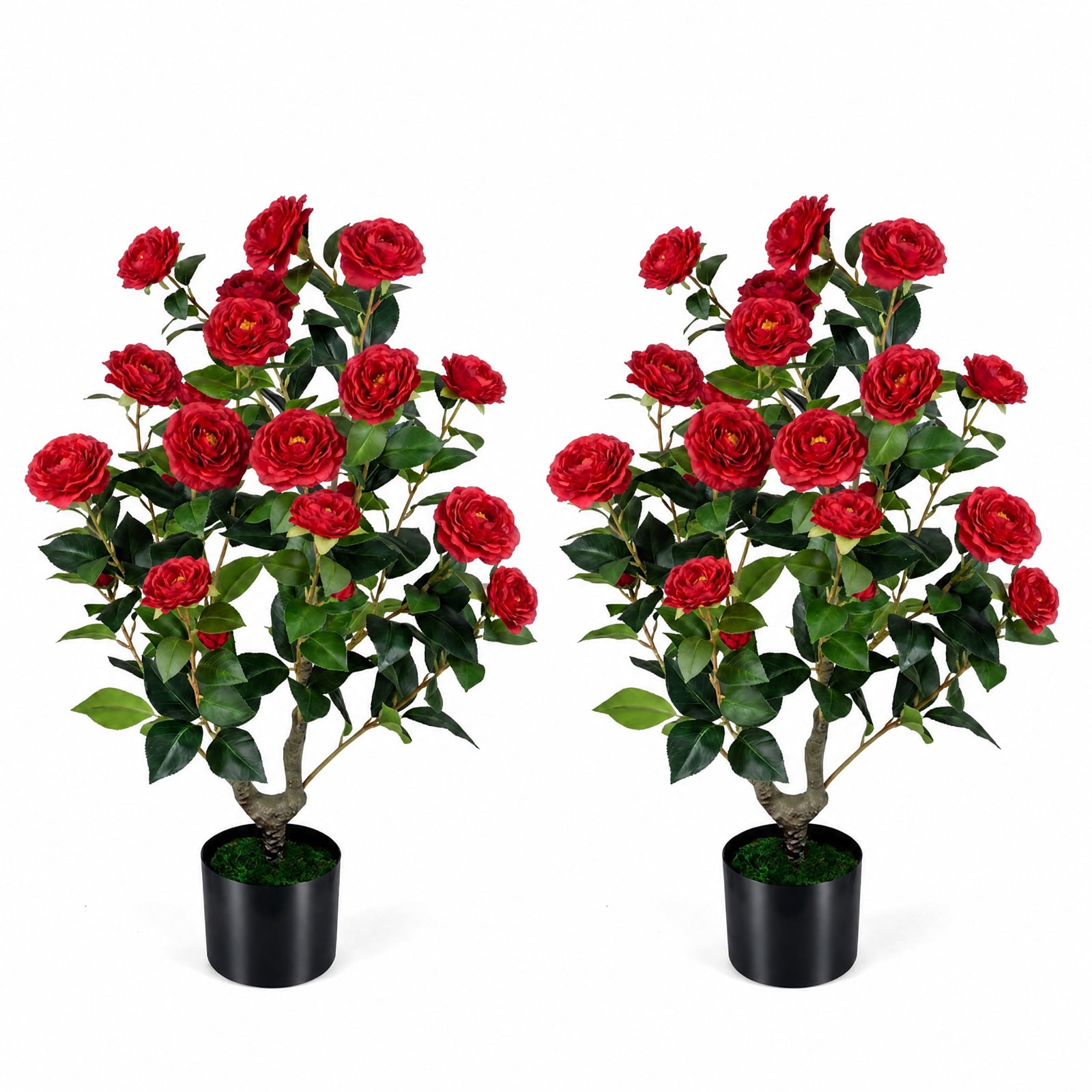 Vebreda Artificial Plant Decor, 2-Pack Artificial Camellia Tree Faux Flower Plant in Cement-Filled Pot, Lifelike & Elegant Design