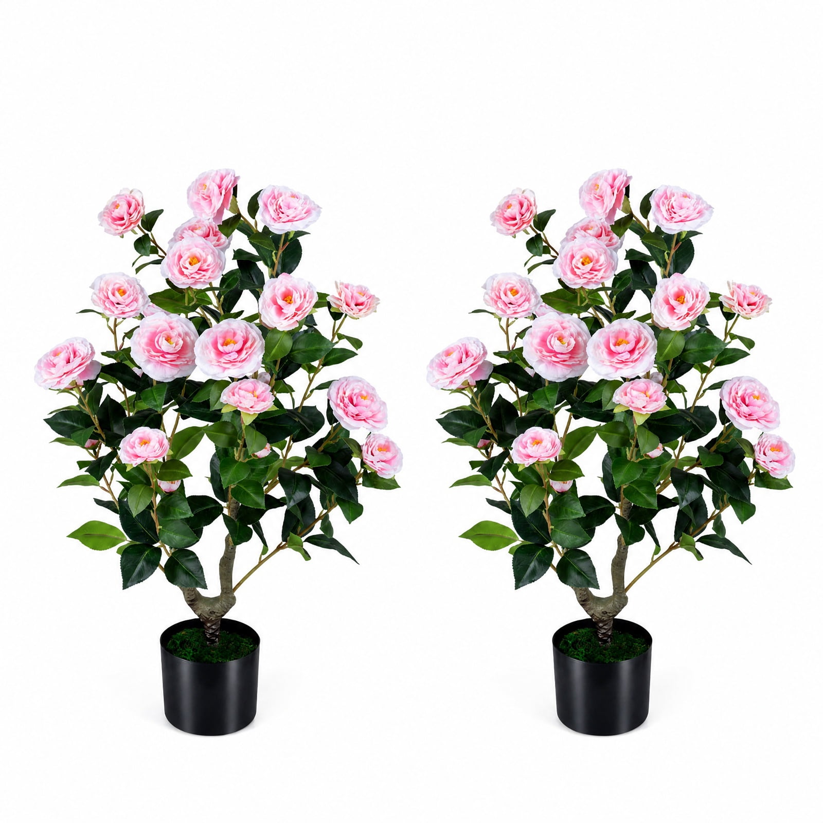 Vebreda Artificial Plant Decor, 2-Pack Artificial Camellia Tree Faux Flower Plant in Cement-Filled Pot, Lifelike & Elegant Design