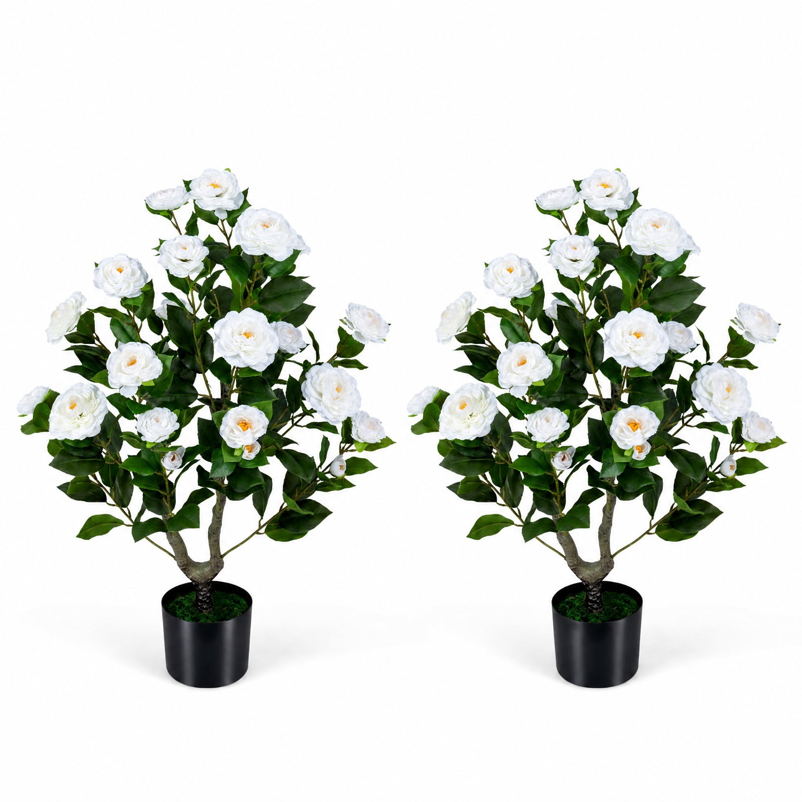 Vebreda Artificial Plant Decor, 2-Pack Artificial Camellia Tree Faux Flower Plant in Cement-Filled Pot, Lifelike & Elegant Design