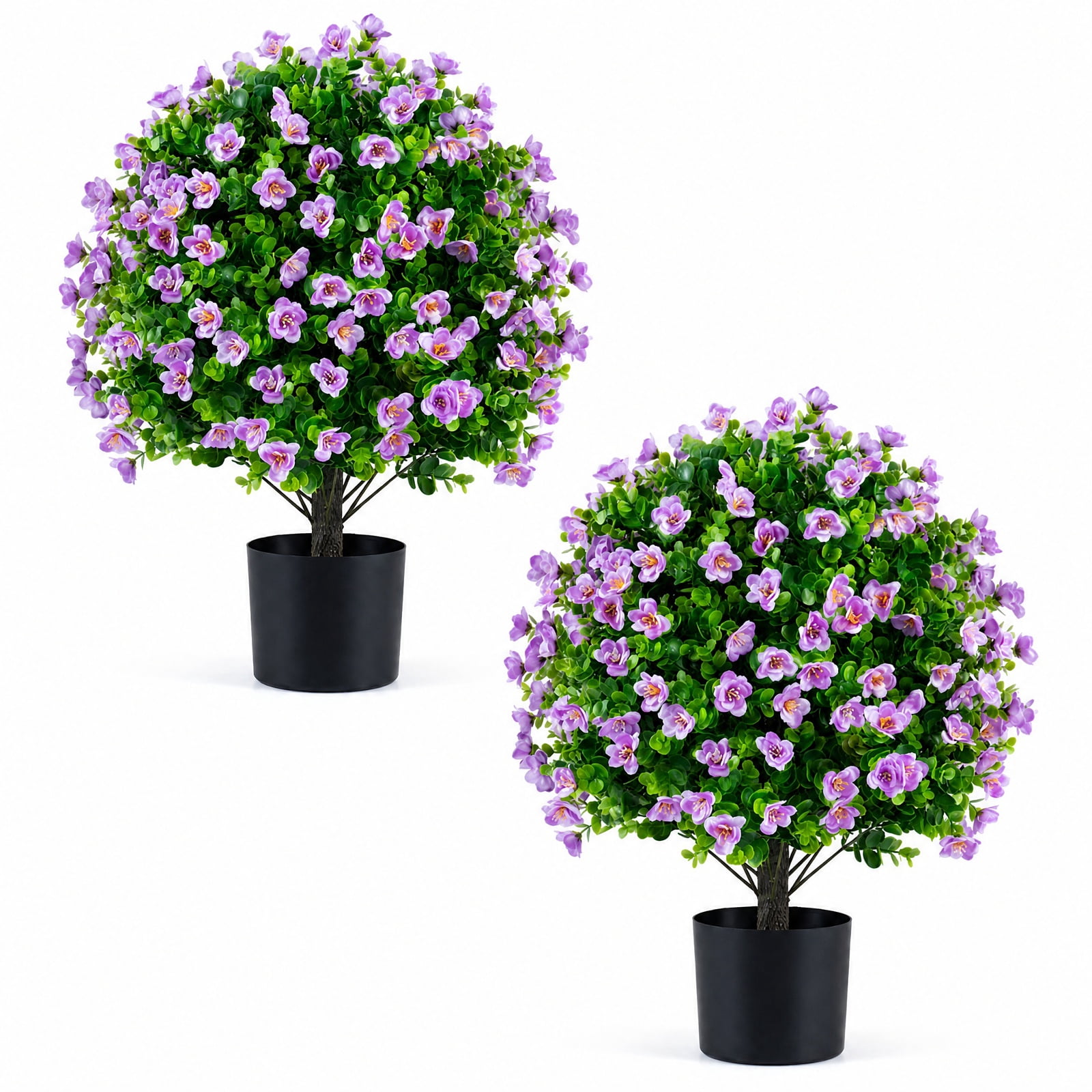 Vebreda Artificial Plant Decor, 2 Pack Artificial Eucalyptus Topiary Trees with Flowers and Cement Planter for Home, Lifelike Eucalyptus Bush