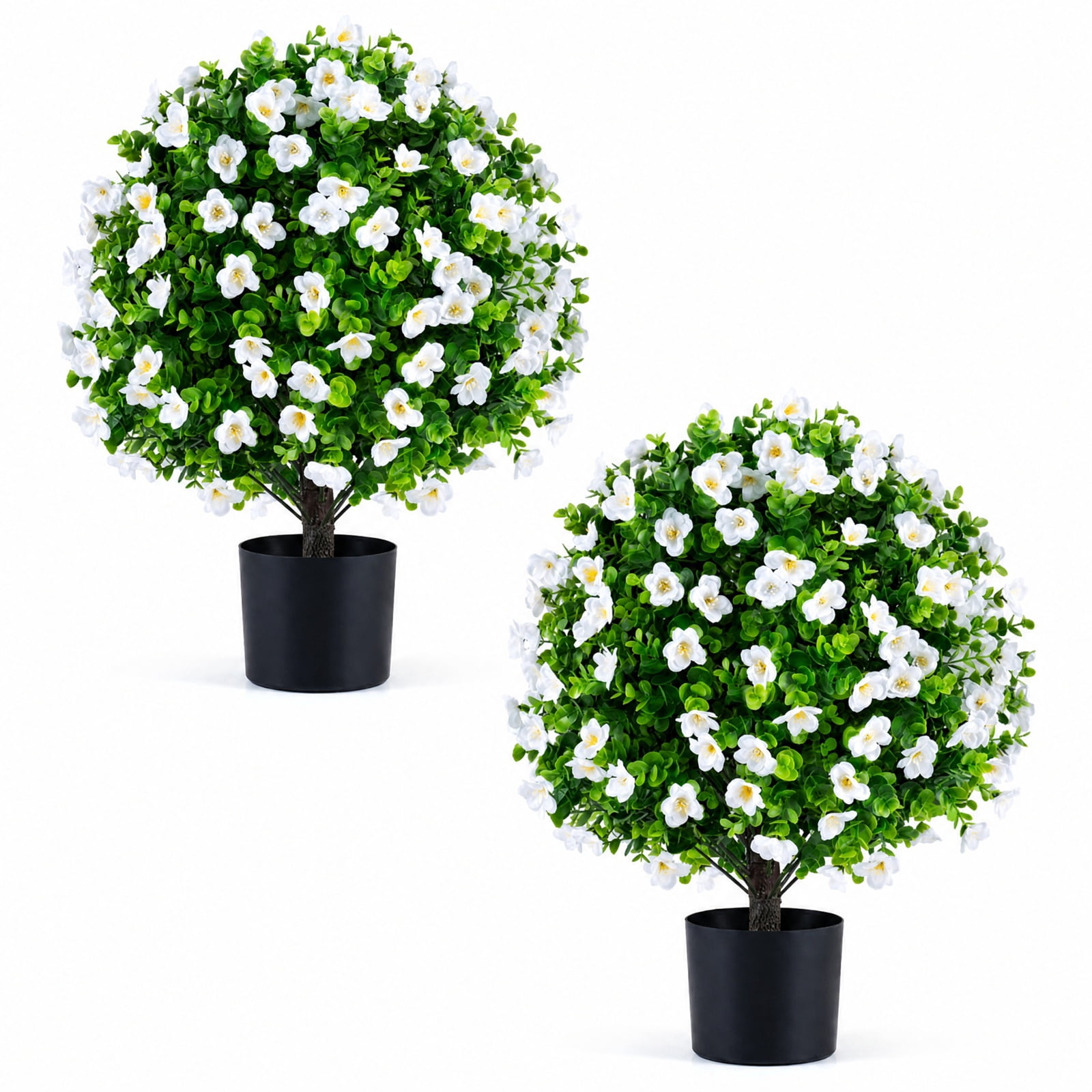 Vebreda Artificial Plant Decor, 2 Pack Artificial Eucalyptus Topiary Trees with Flowers and Cement Planter for Home, Lifelike Eucalyptus Bush