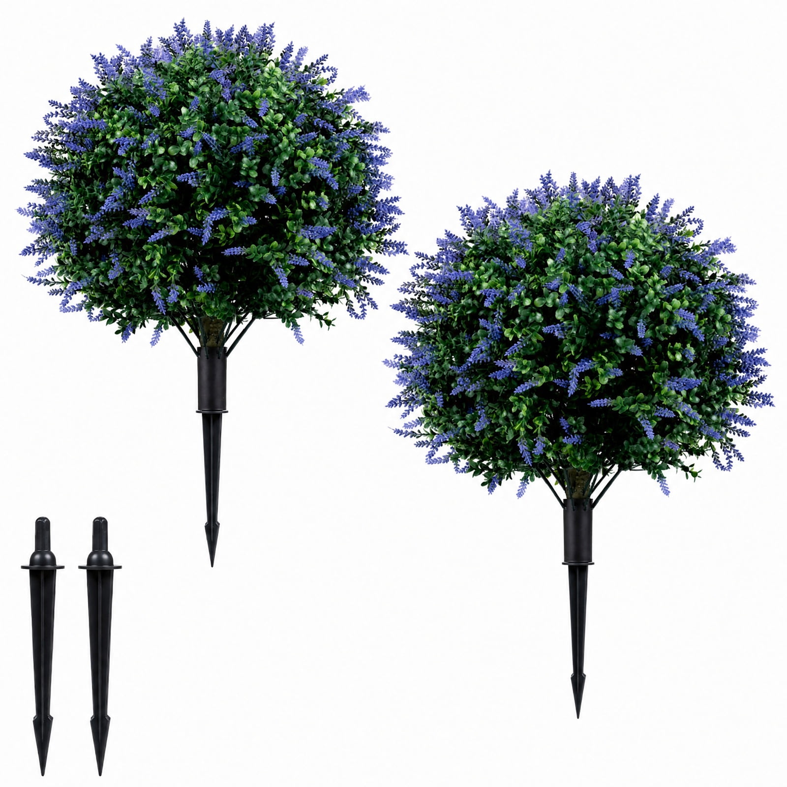 Vebreda Artificial Plant Decor, 2 Pack Artificial Lavender Boxwood Topiary Ball Trees with Ground Spikes, Natural Look with Floral Accent