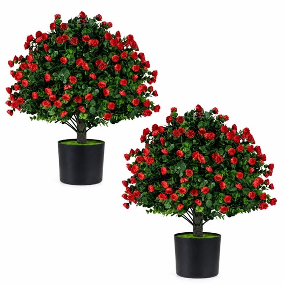 Vebreda Artificial Plant Decor, 2 Pack Artificial Rose Topiary Ball Trees with PP Cement-Filled Flowerpot for Home, Realistic Floral Ball Design