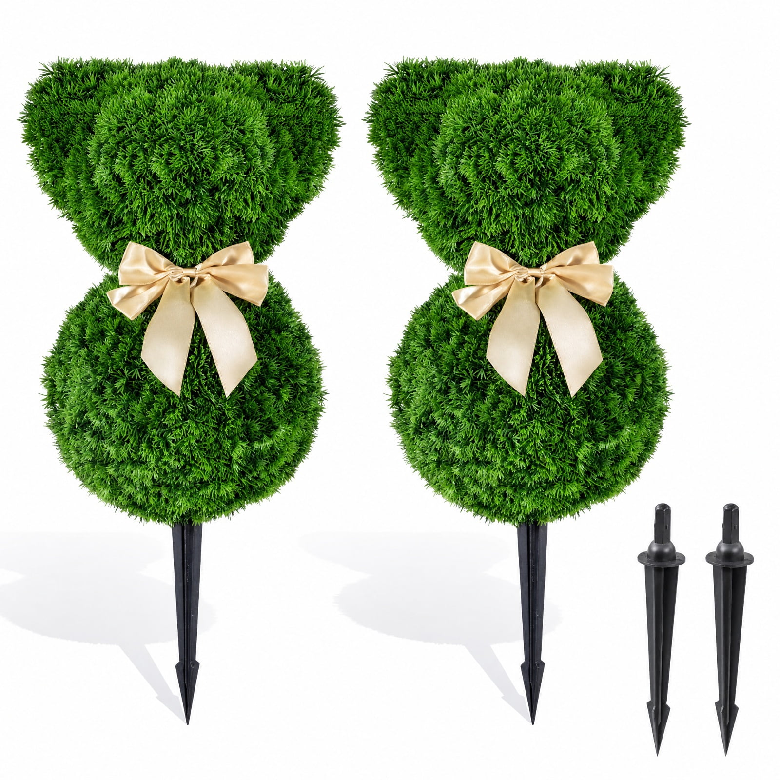 Vebreda Artificial Plant Decor, 2 Pieces Teddy Bear Topiary Trees Sun-resistant Faux Boxwood Plants with Bowknot, Whimsical Little Bears