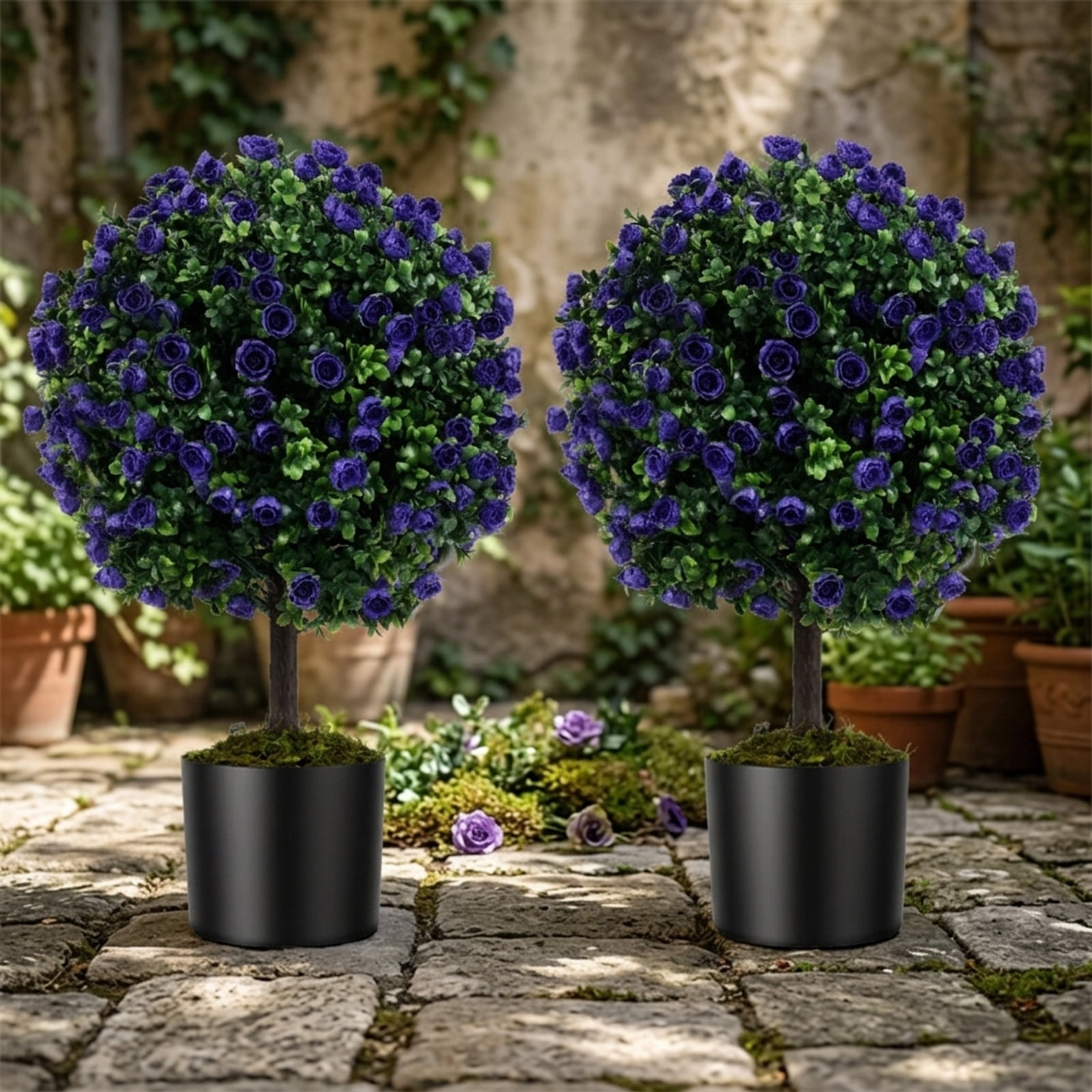Vebreda Artificial Plant Decor, 22 Inch Set of 2 Artificial Purple Rose Topiary Ball Trees with Cement-Filled Pot, Lifelike Design