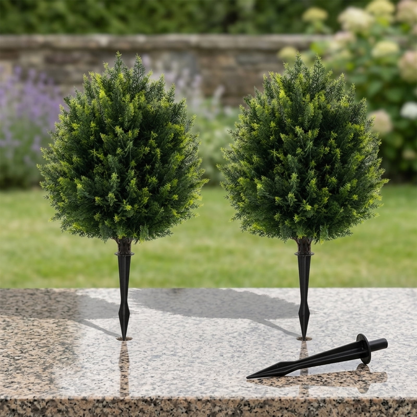 Vebreda Artificial Plant Decor, 24 Inches Artificial Cypress Topiary Ball Tree Set with Ground Spike, Lifelike Appearance, Selected Material