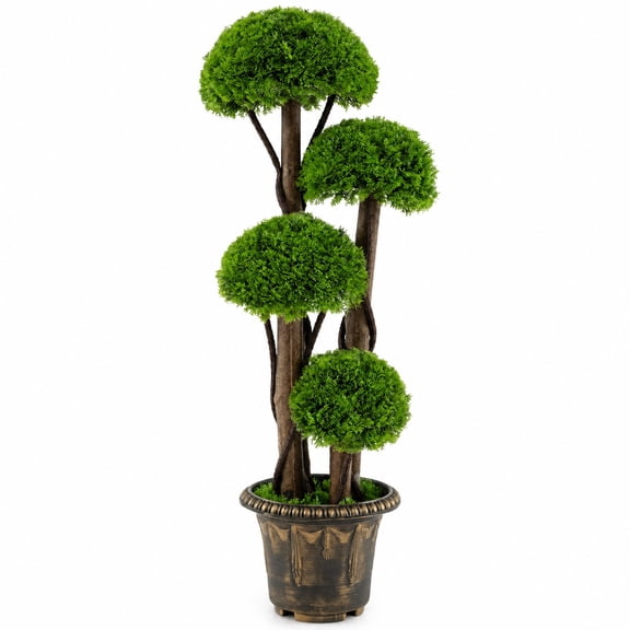 Vebreda Artificial Plant Decor, 3 FT Artificial Cypress Topiary Tree Realistic Greenery Plant with Spiral Vines and Real Wood Trunks