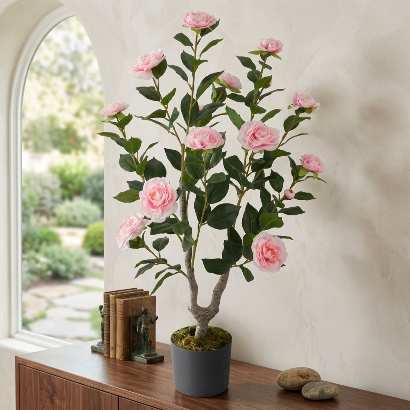 Vebreda Artificial Plant Decor, 36 Inch Artificial Camellia Tree with Blooming Flower 1 Pack, Vivid and Natural Appearance, Reliable Materials
