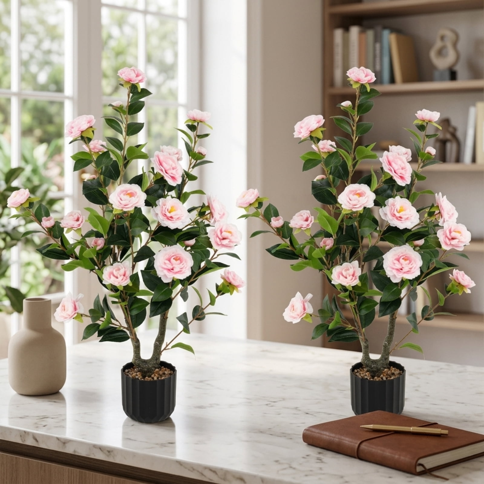 Vebreda Artificial Plant Decor, 38 Inch Artificial Camellia Tree Faux Flower Plant in Cement Pot, Gorgeous and Vivid Appearance