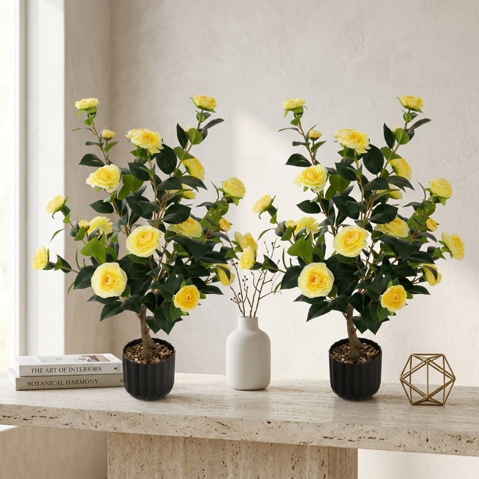 Vebreda Artificial Plant Decor, 38 Inch Artificial Camellia Tree Faux Flower Plant in Cement Pot, Gorgeous and Vivid Appearance