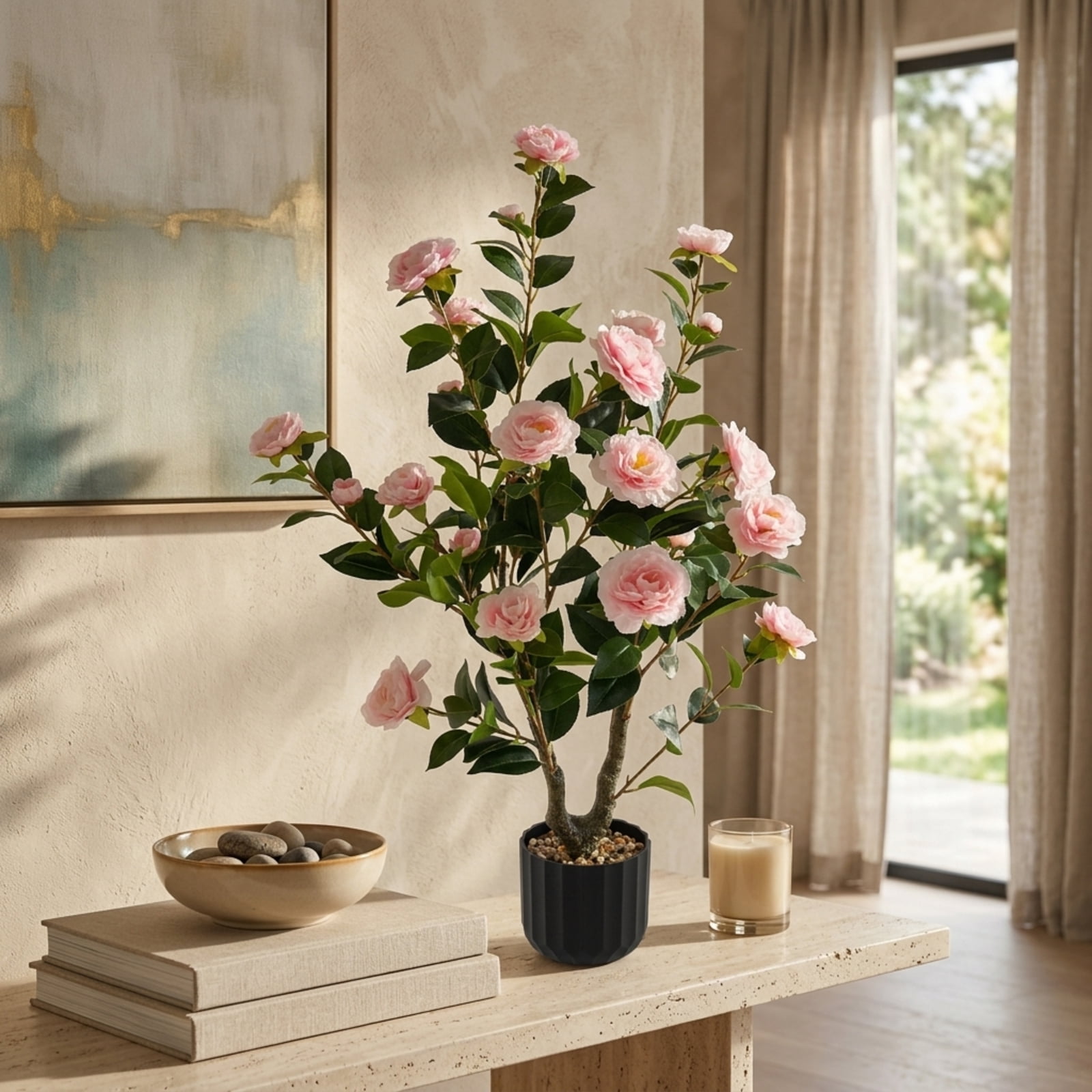 Vebreda Artificial Plant Decor, 38 Inch Artificial Camellia Tree Faux Flower Plant in Cement Pot, Gorgeous and Vivid Appearance
