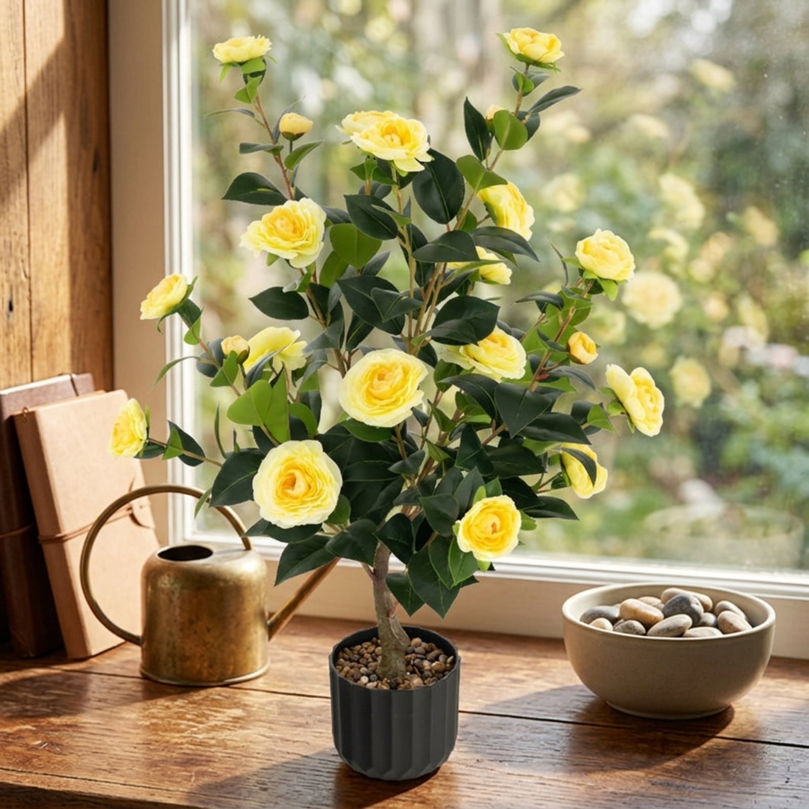Vebreda Artificial Plant Decor, 38 Inch Artificial Camellia Tree Faux Flower Plant in Cement Pot, Gorgeous and Vivid Appearance