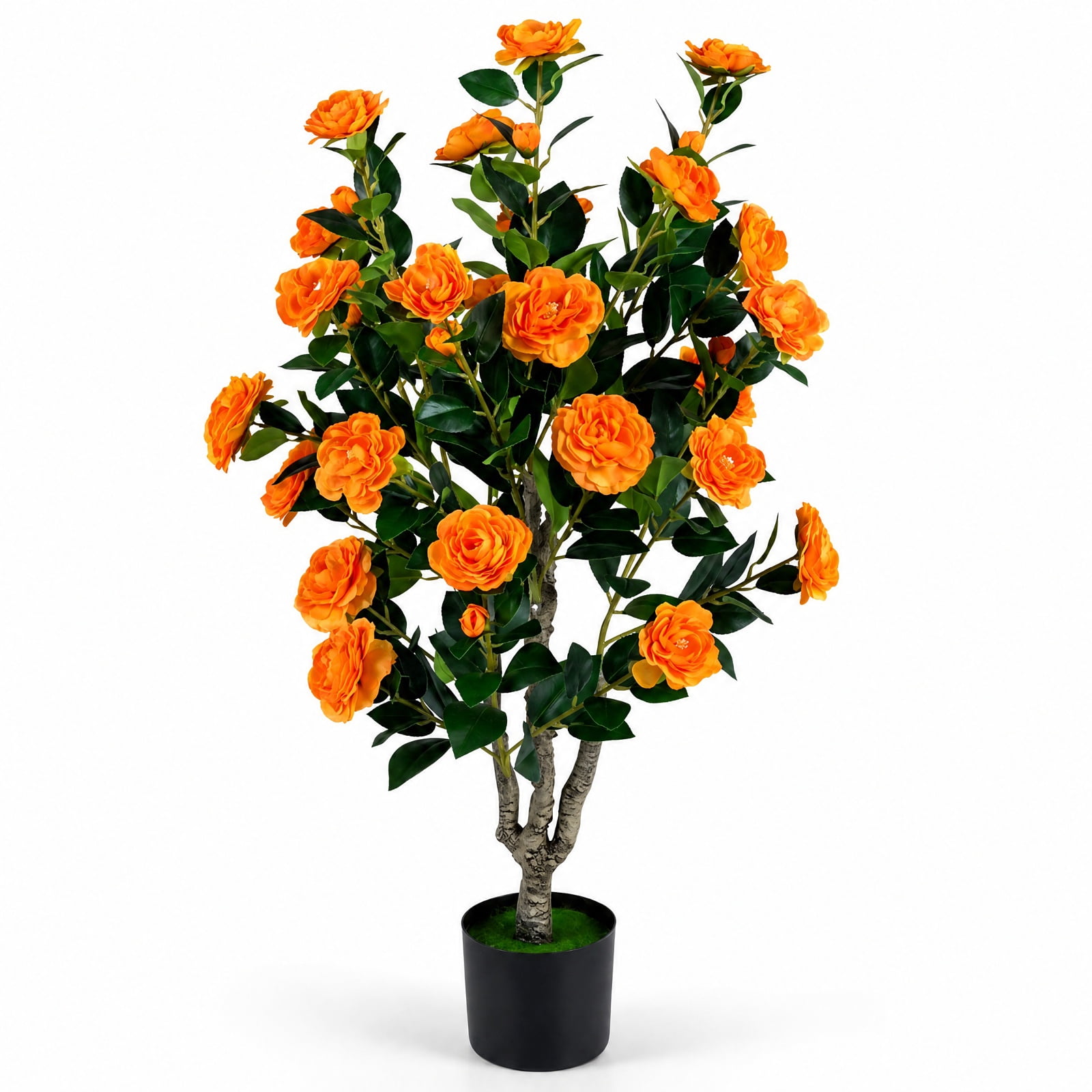 Vebreda Artificial Plant Decor, 39.5" Artificial Camellia Tree with Orange Blossoms in Cement Pot for Home Decoration, Selected Materials