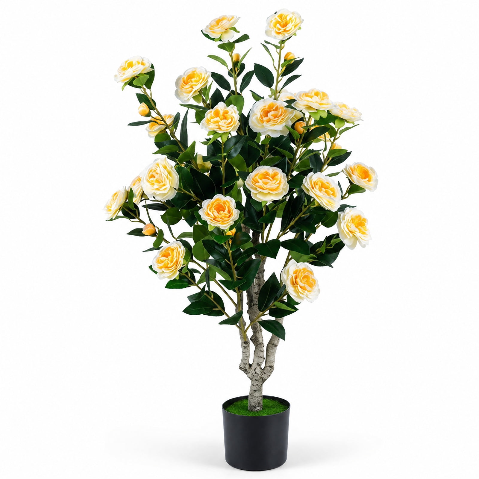 Vebreda Artificial Plant Decor, 39.5" Artificial Camellia Tree with Orange Blossoms in Cement Pot for Home Decoration, Selected Materials