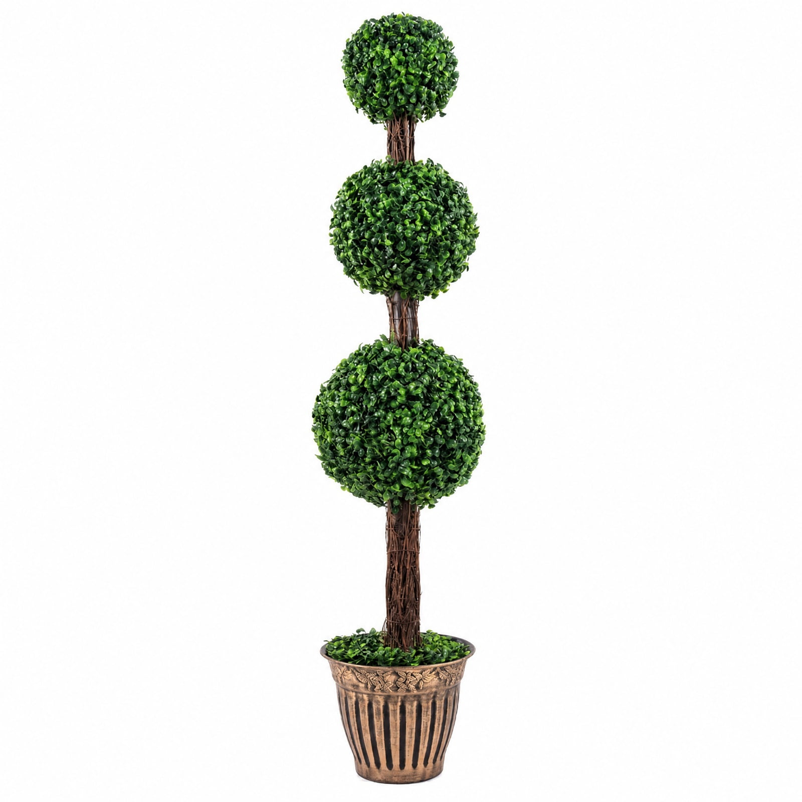 Vebreda Artificial Plant Decor, 4 FT Artificial Triple Ball Boxwood Tree with Cement-filled Retro Planter, Realistic & Inviting Appearance